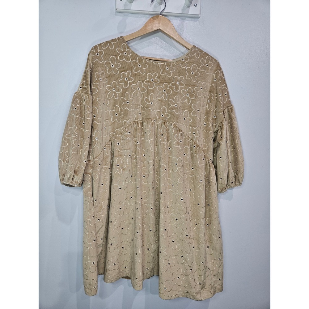 Hayden Los Angeles Tan Corduroy Floral Eyelet Babydoll Dress Pockets Medium